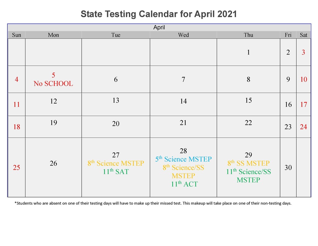 April State Testing Calendar