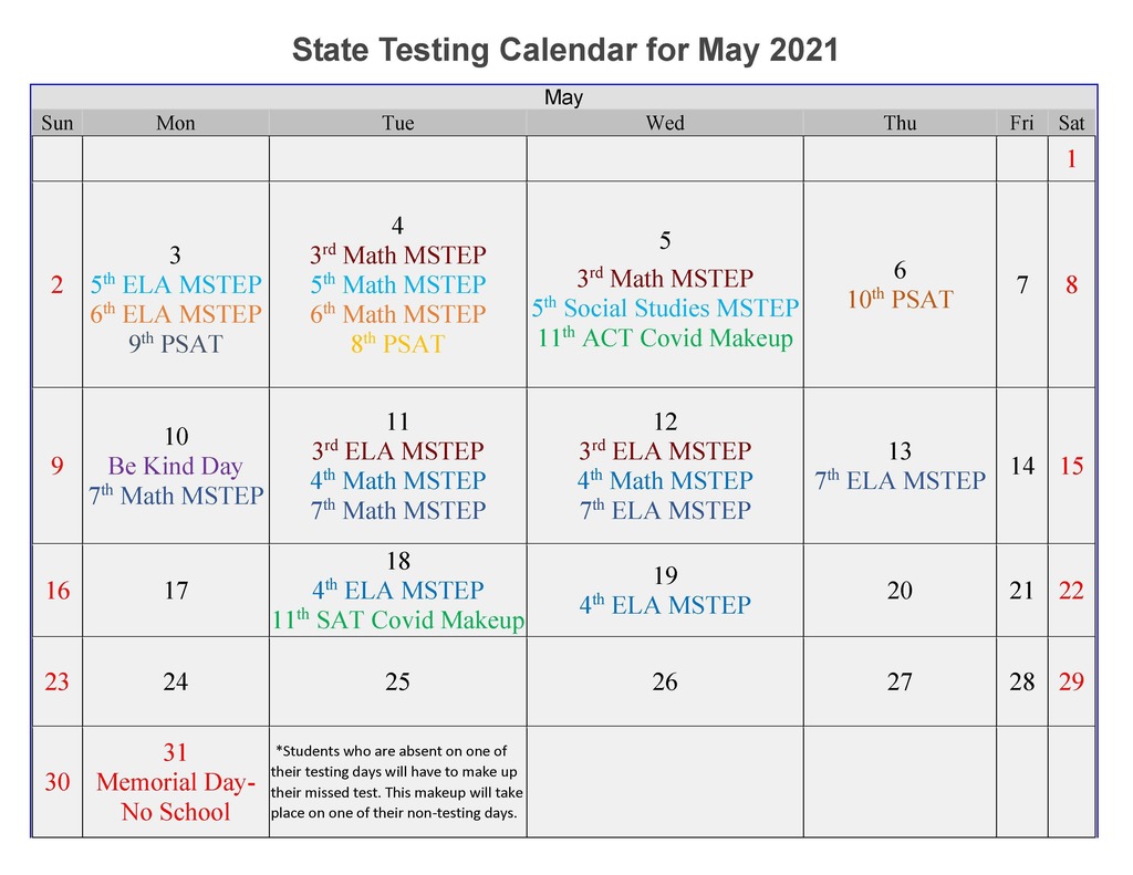 May State Testing Calendar
